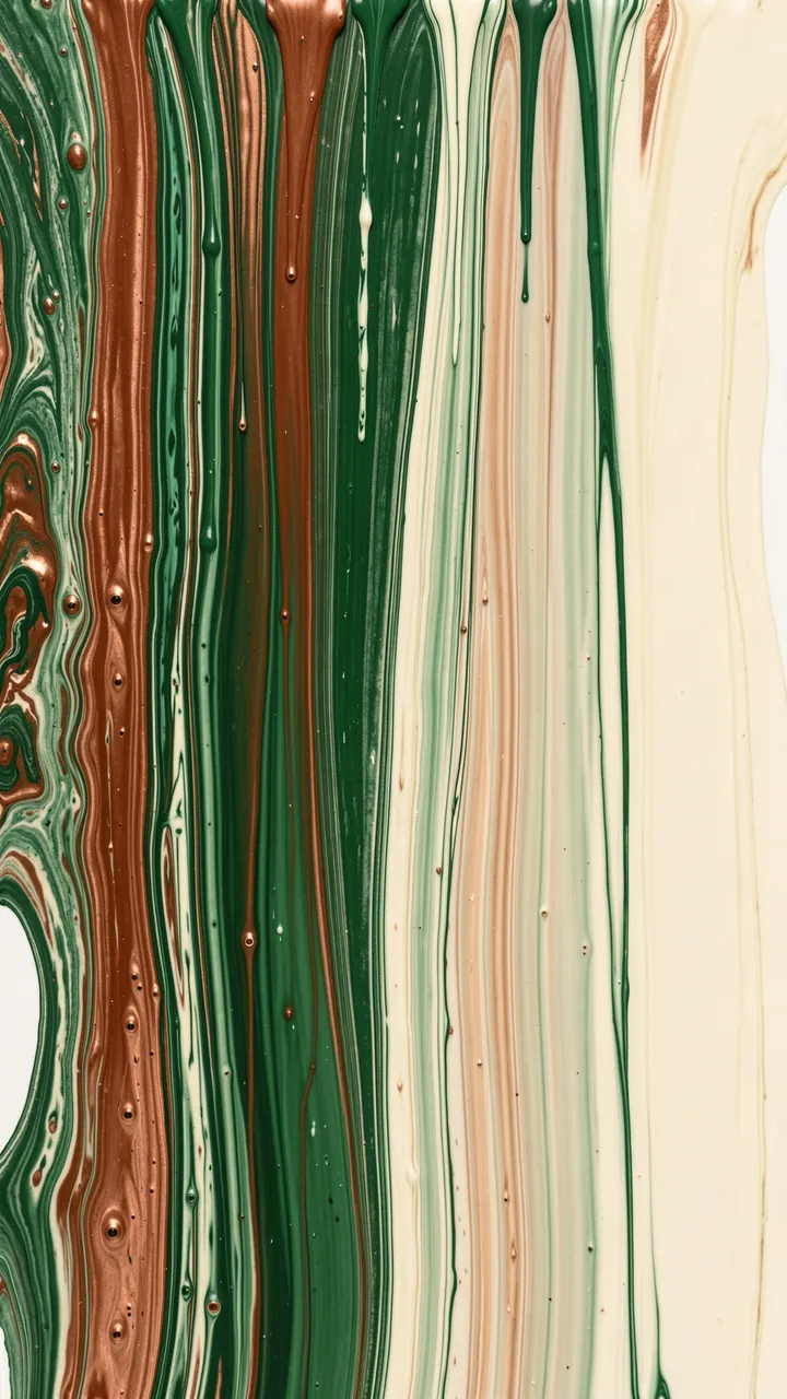 Vertical flowing streaks of forest green, metallic copper, and cream fluid paint with small surface bubbles