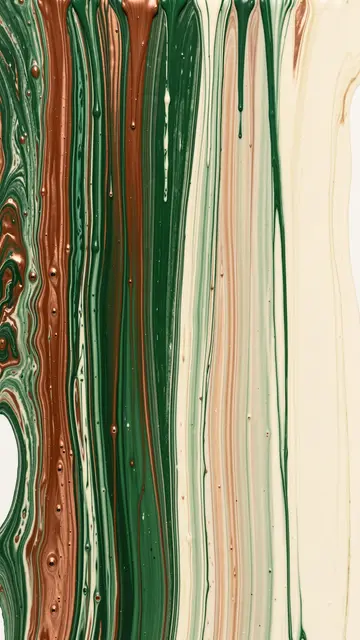 Vertical flowing streaks of forest green, metallic copper, and cream fluid paint with small surface bubbles