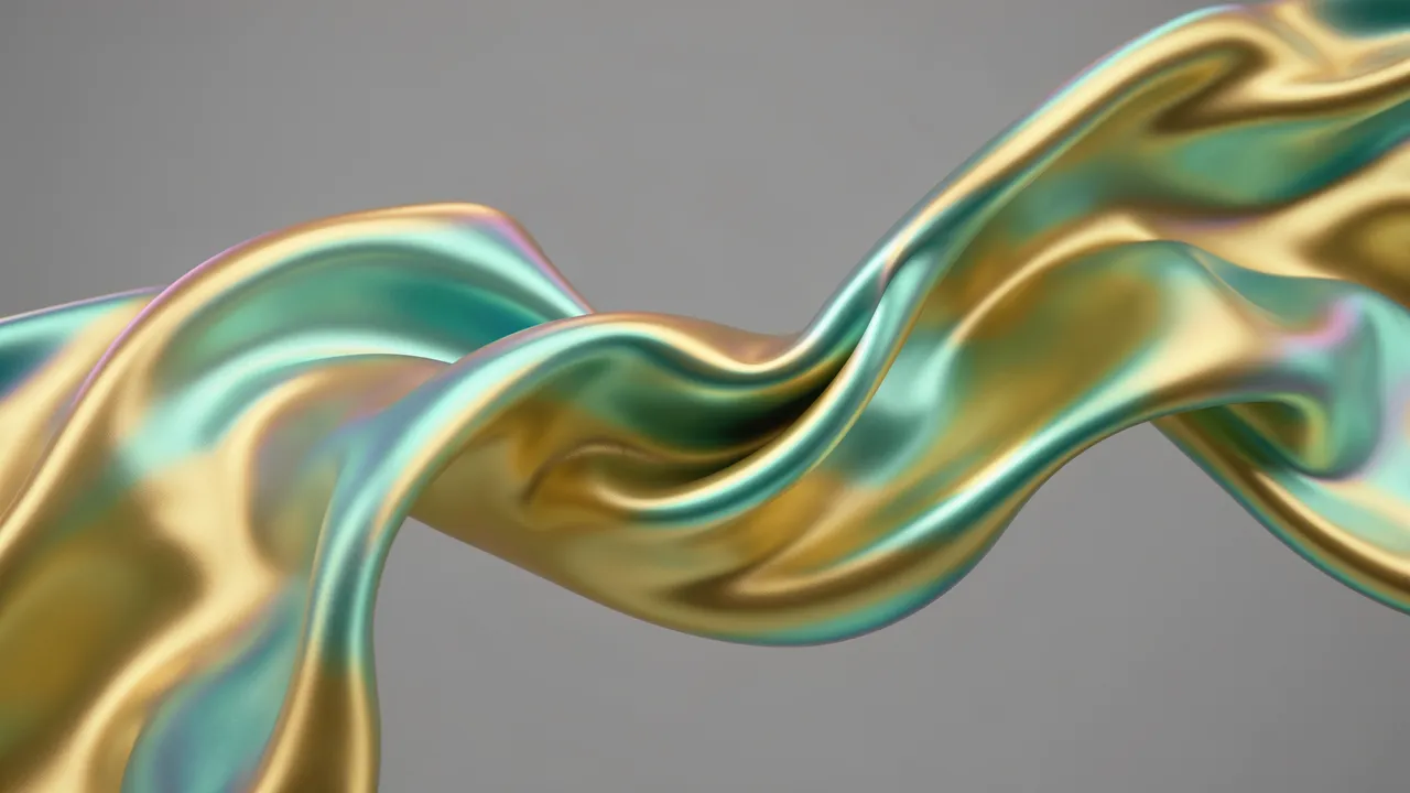 Flowing iridescent silk with gold and teal sheen curves across a muted gray background