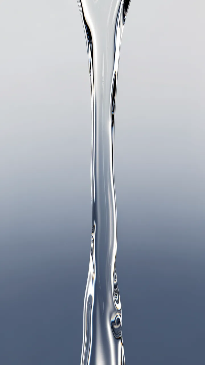 Vertical curved stream of transparent liquid glass against a soft light to dark gray gradient backdrop