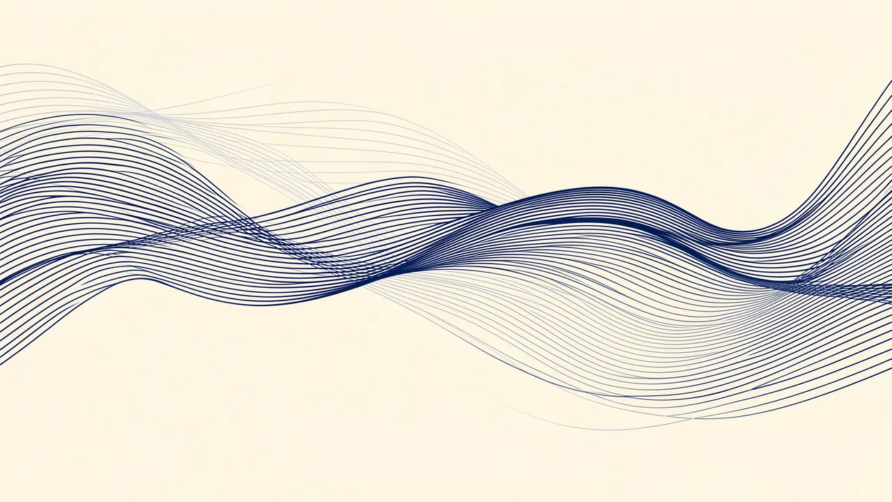 Smooth overlapping navy wavy lines flow horizontally across a pale off-white background