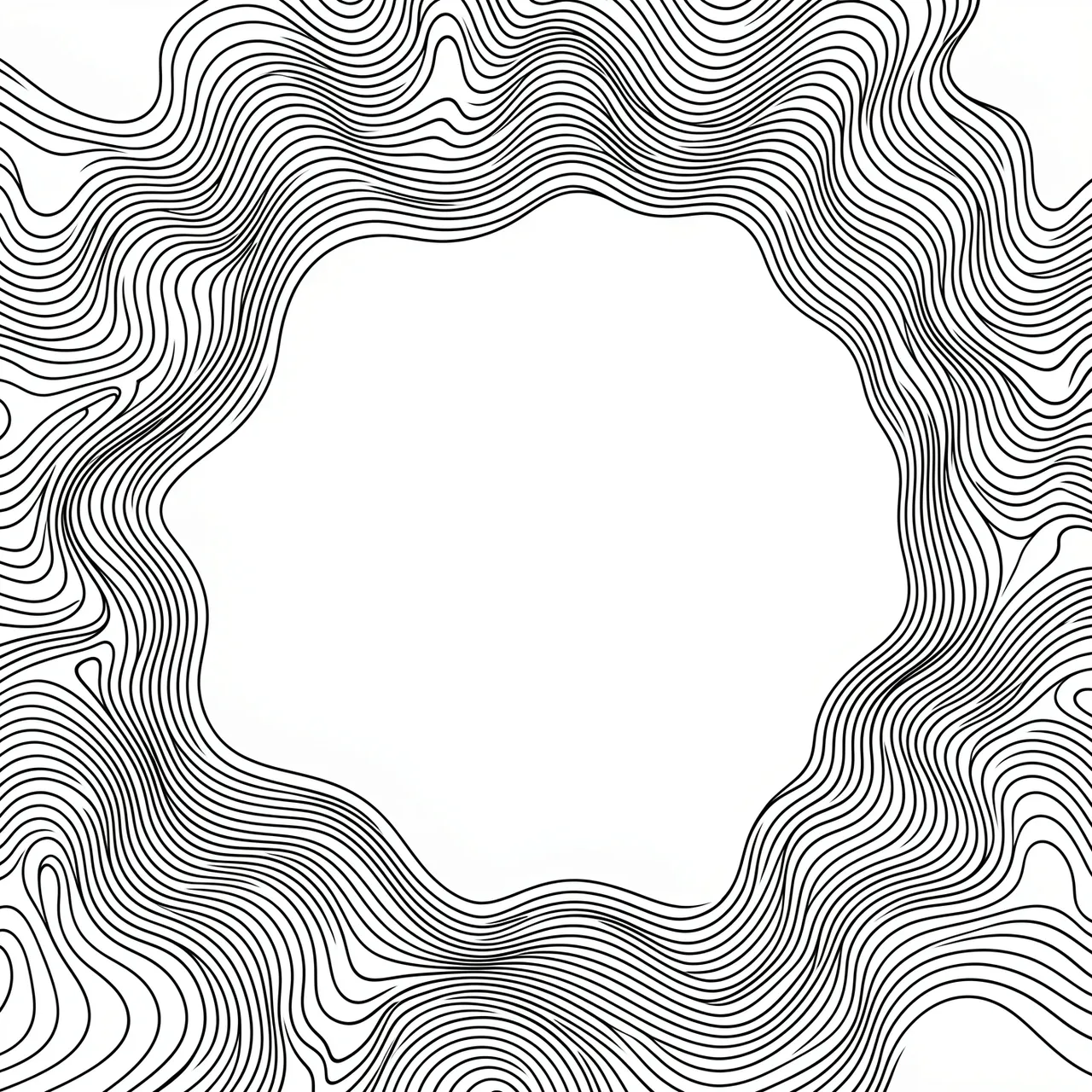 Thin wavy black lines curve around a central blank smooth white void