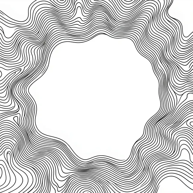Thin wavy black lines curve around a central blank smooth white void