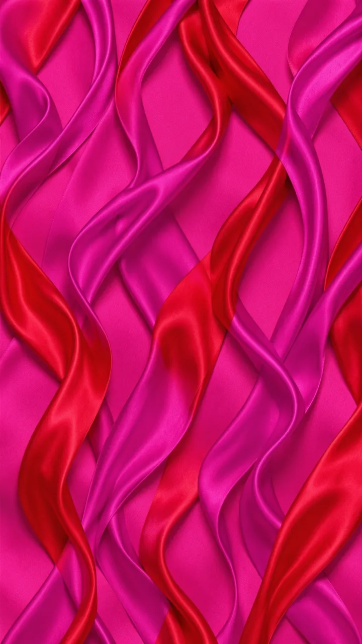 Tangled glossy magenta and red silk ribbons arranged over a hot pink background in a vertical pattern