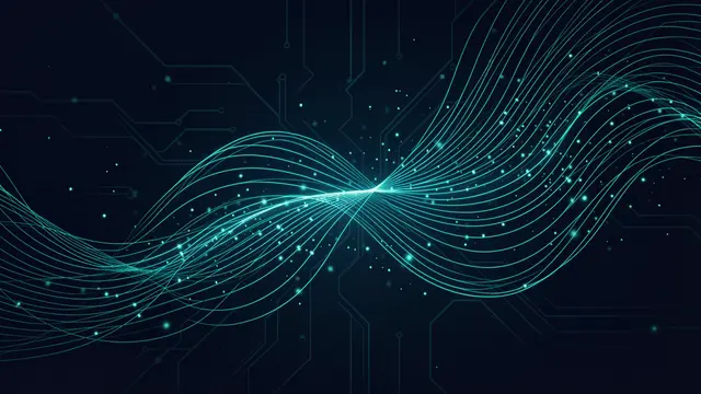 Glowing teal wavy lines and floating particles flow over a dark navy circuit-inspired background