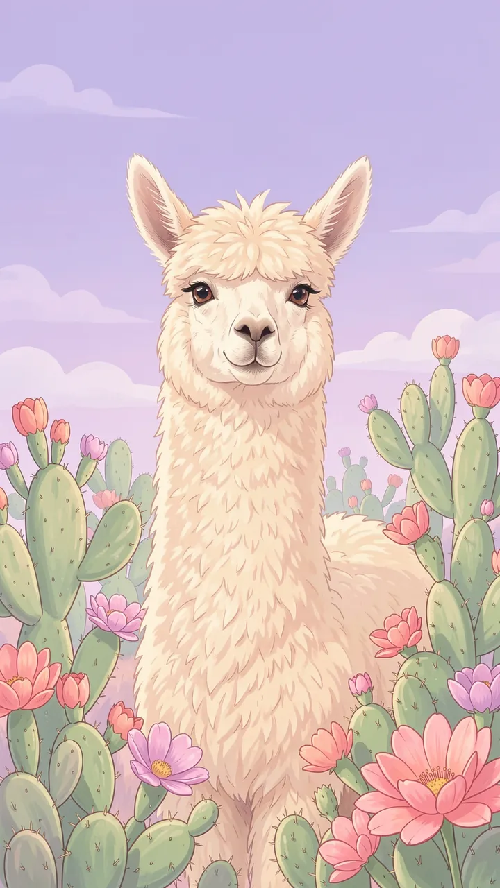 A cream fluffy alpaca stands surrounded by blooming cacti beneath a soft lilac sky
