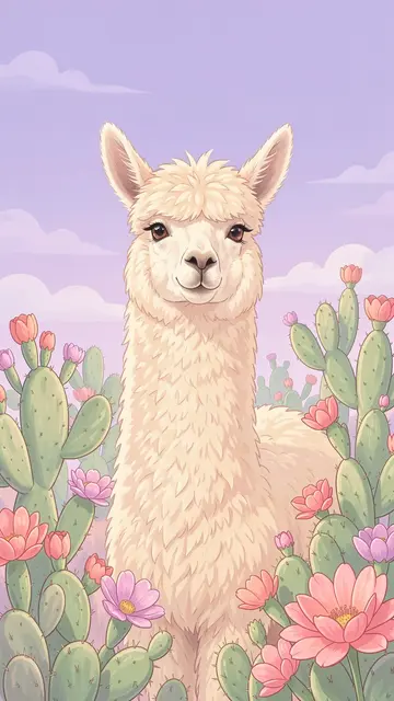A cream fluffy alpaca stands surrounded by blooming cacti beneath a soft lilac sky