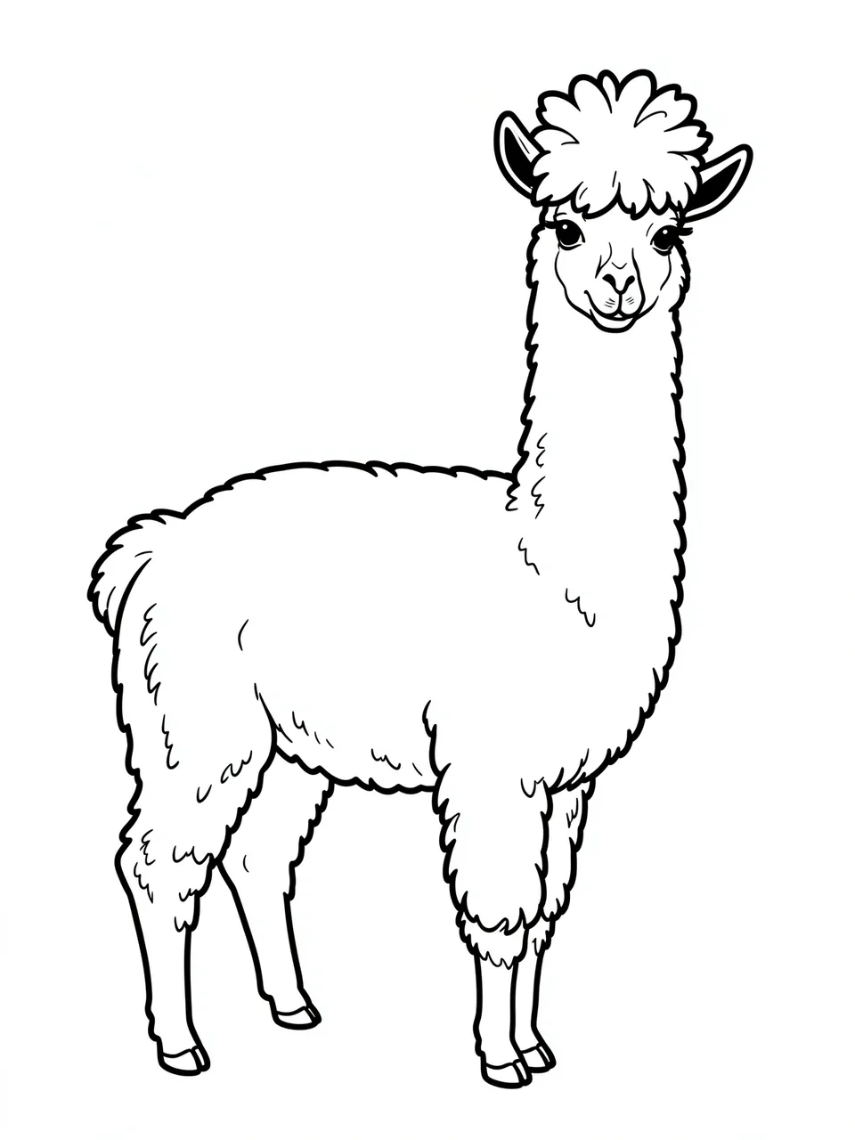 Black and white bold line art of an alpaca with a fluffy topknot on a plain white background