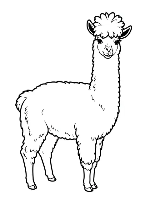 Black and white bold line art of an alpaca with a fluffy topknot on a plain white background