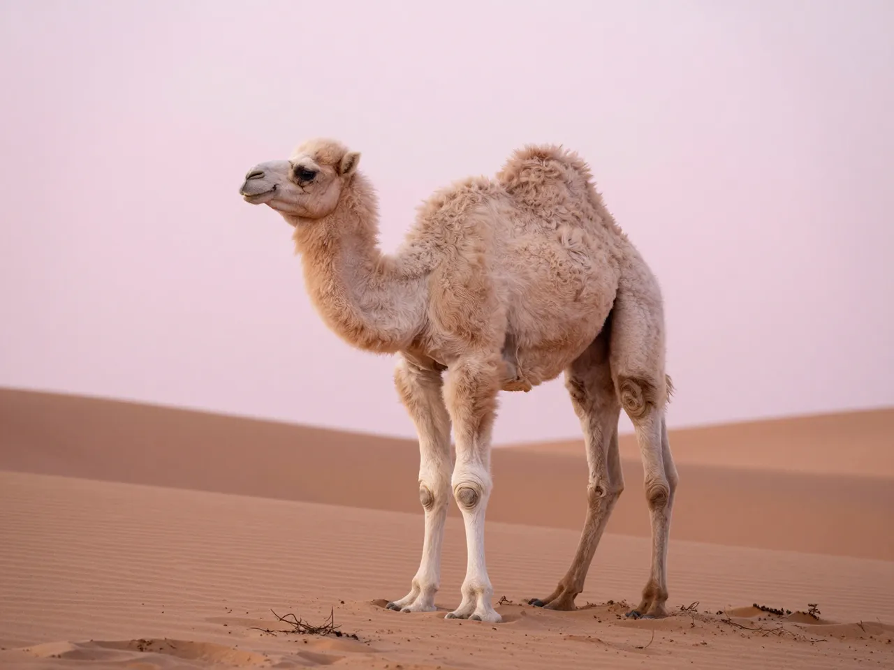 A fluffy pale baby camel stands on rippled sand under a soft pink morning sky