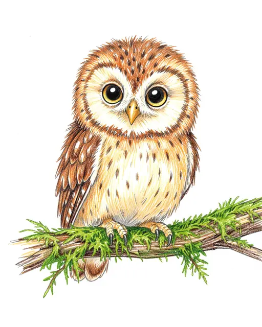 Colored pencil drawing of a fluffy baby owl perched on a mossy branch against plain white paper