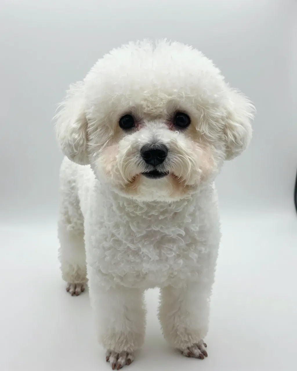 A well-groomed white bichon frise stands facing the camera on a plain white studio background.