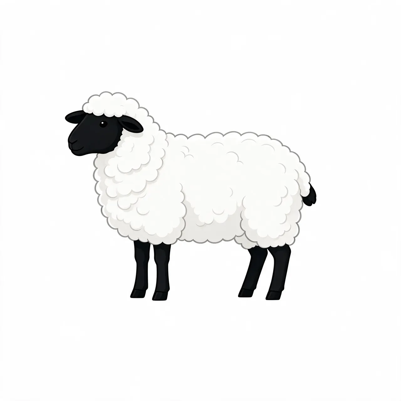 Flat clipart illustration of a fluffy white sheep with black face and legs in side view on a plain white background