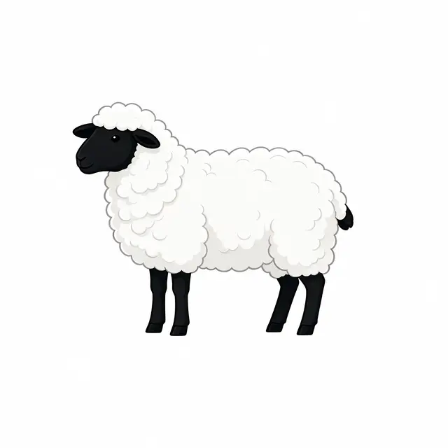 Flat clipart illustration of a fluffy white sheep with black face and legs in side view on a plain white background