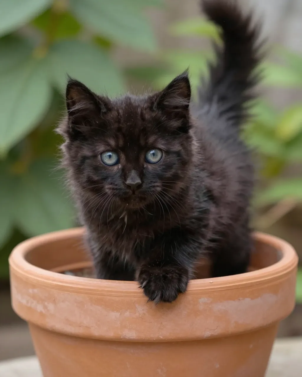 A fluffy black kitten with blue-gray eyes stands inside a terracotta flower pot in a blurry garden setting.