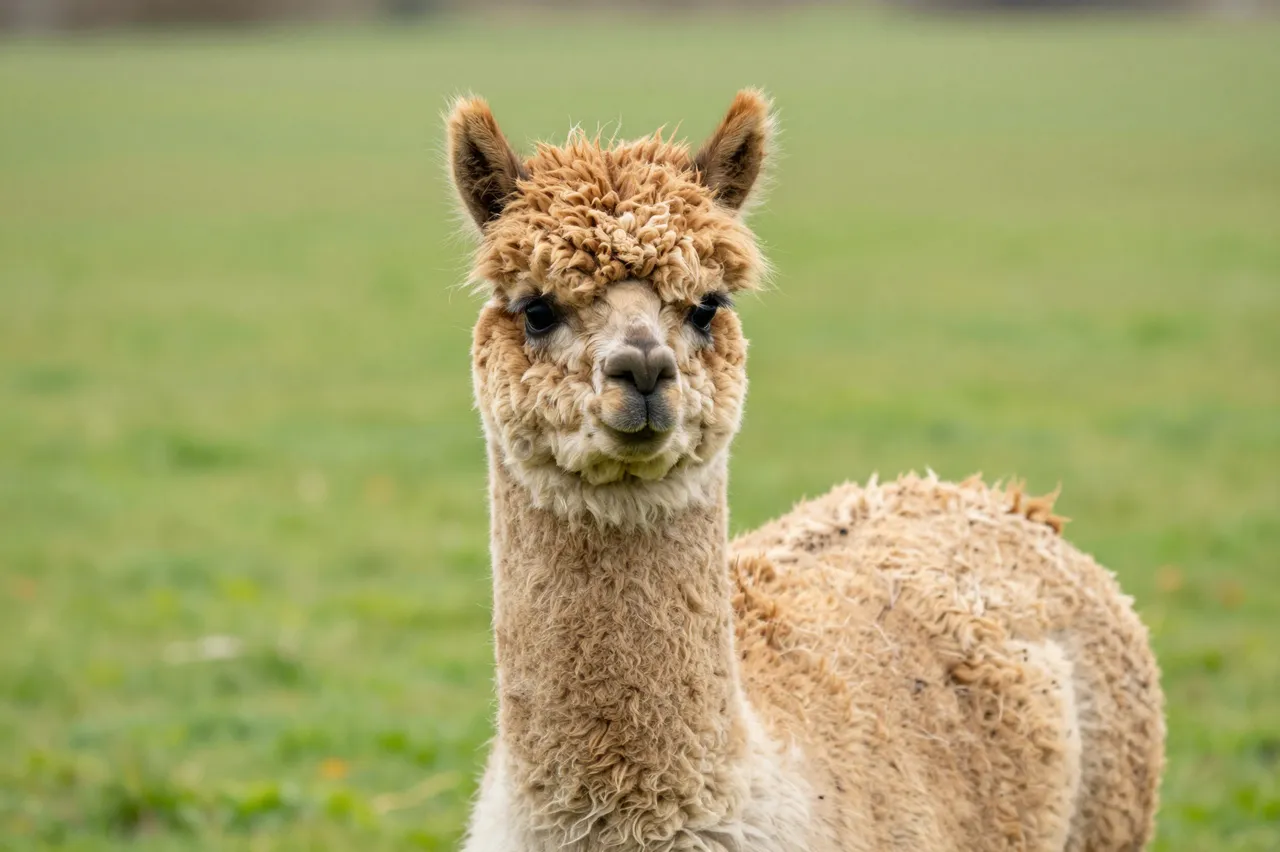 A fluffy brown alpaca with a curly topknot stands facing the camera in a green grassy paddock.