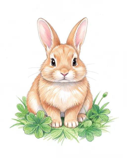 Colored pencil drawing of a cute fluffy light brown bunny sitting among green clover on white paper
