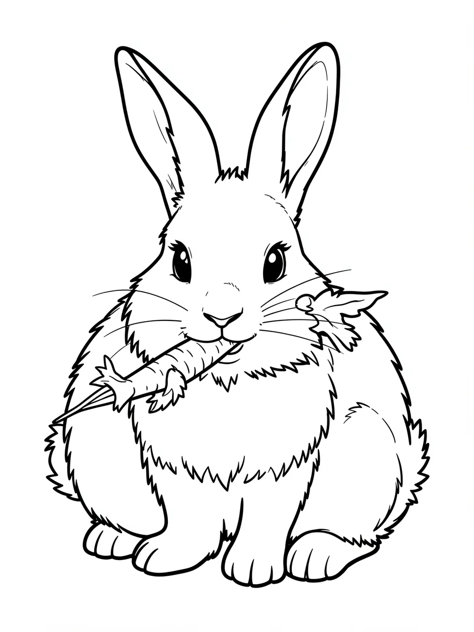 Black and white line art of a fluffy sitting bunny holding and nibbling a carrot