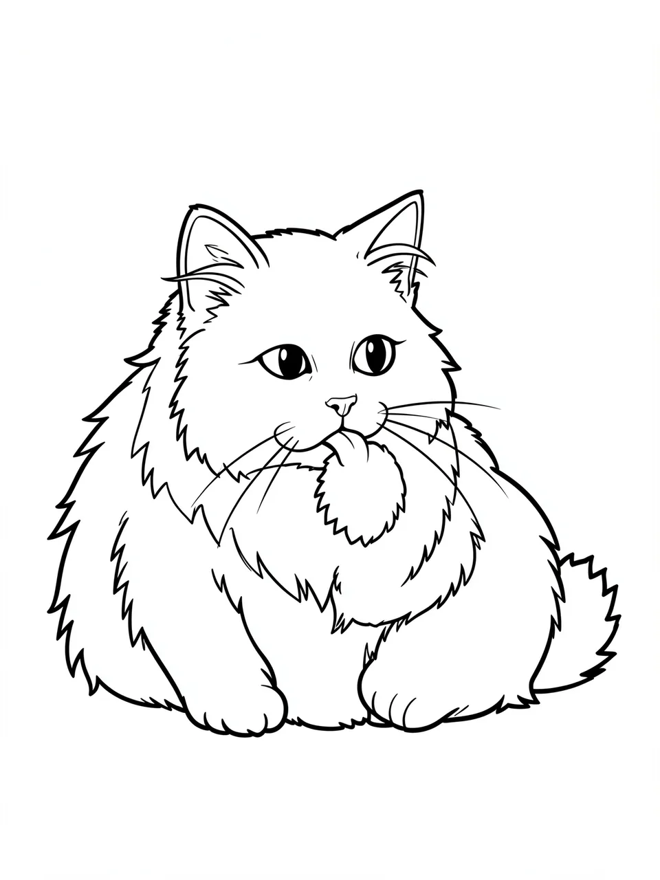 Bold black line art of a fluffy long-haired cat grooming on a plain white background