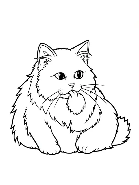 Bold black line art of a fluffy long-haired cat grooming on a plain white background