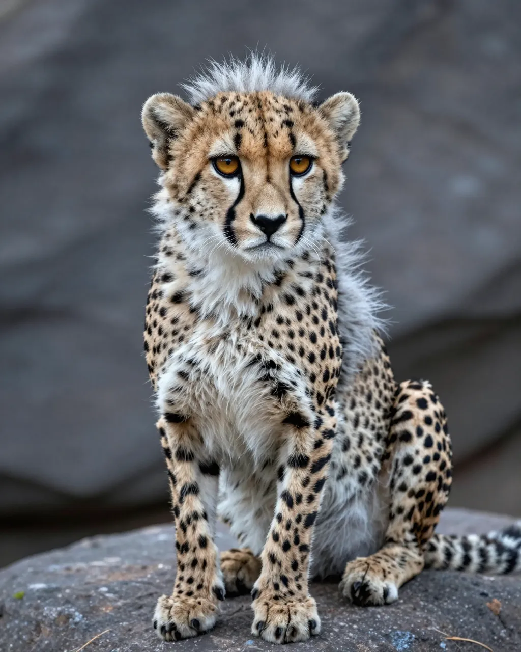 A fluffy cheetah cub with amber eyes and silver back fur sits calmly on a stone surface