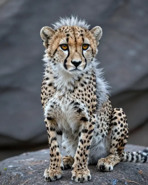 A fluffy cheetah cub with amber eyes and silver back fur sits calmly on a stone surface