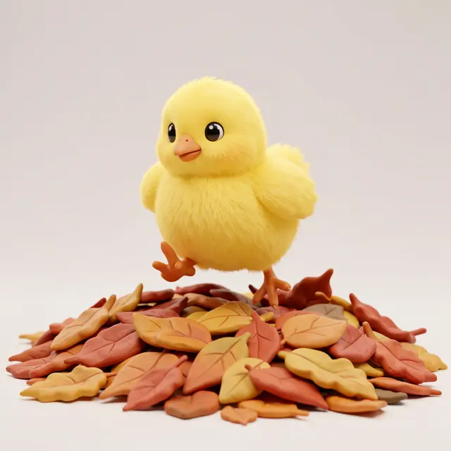 Cute fluffy yellow clay-style chick balances above a pile of handmade autumn leaves