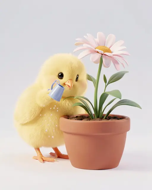 A soft fluffy yellow chick holds a tiny blue watering can to water a potted pink daisy