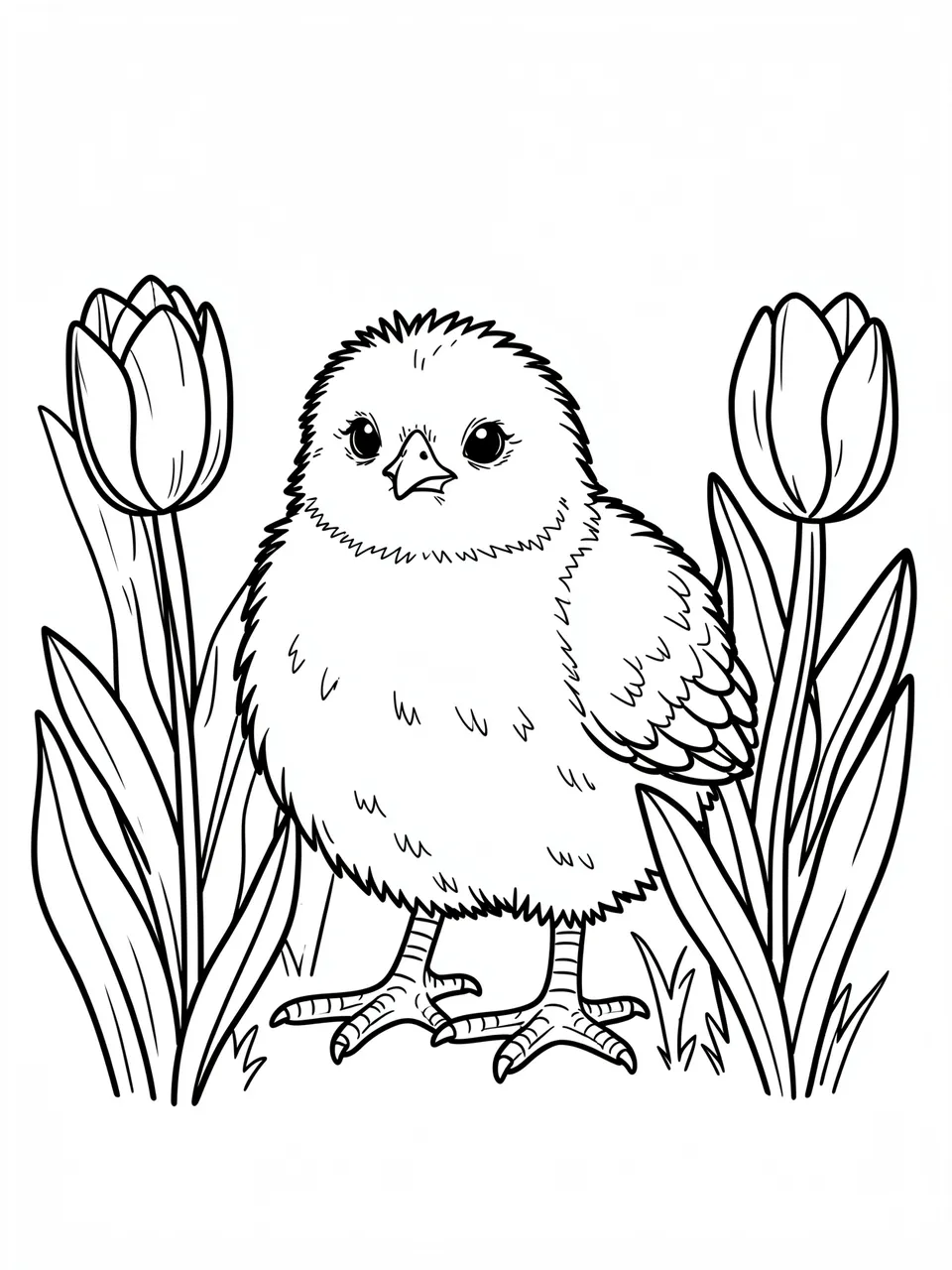 Black and white bold line art of a fluffy chick standing between two tulips on a plain white background