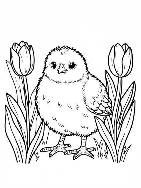 Black and white bold line art of a fluffy chick standing between two tulips on a plain white background