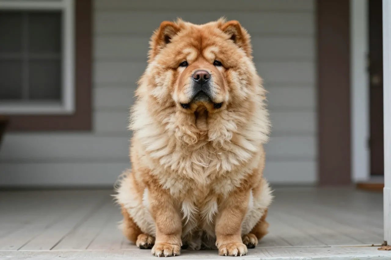 A fluffy tan chow chow sits upright and looks directly at the camera on a home's front porch.