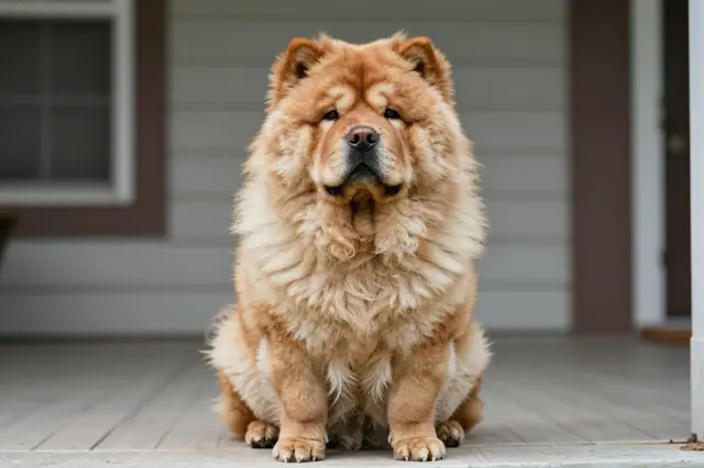A fluffy tan chow chow sits upright and looks directly at the camera on a home's front porch.