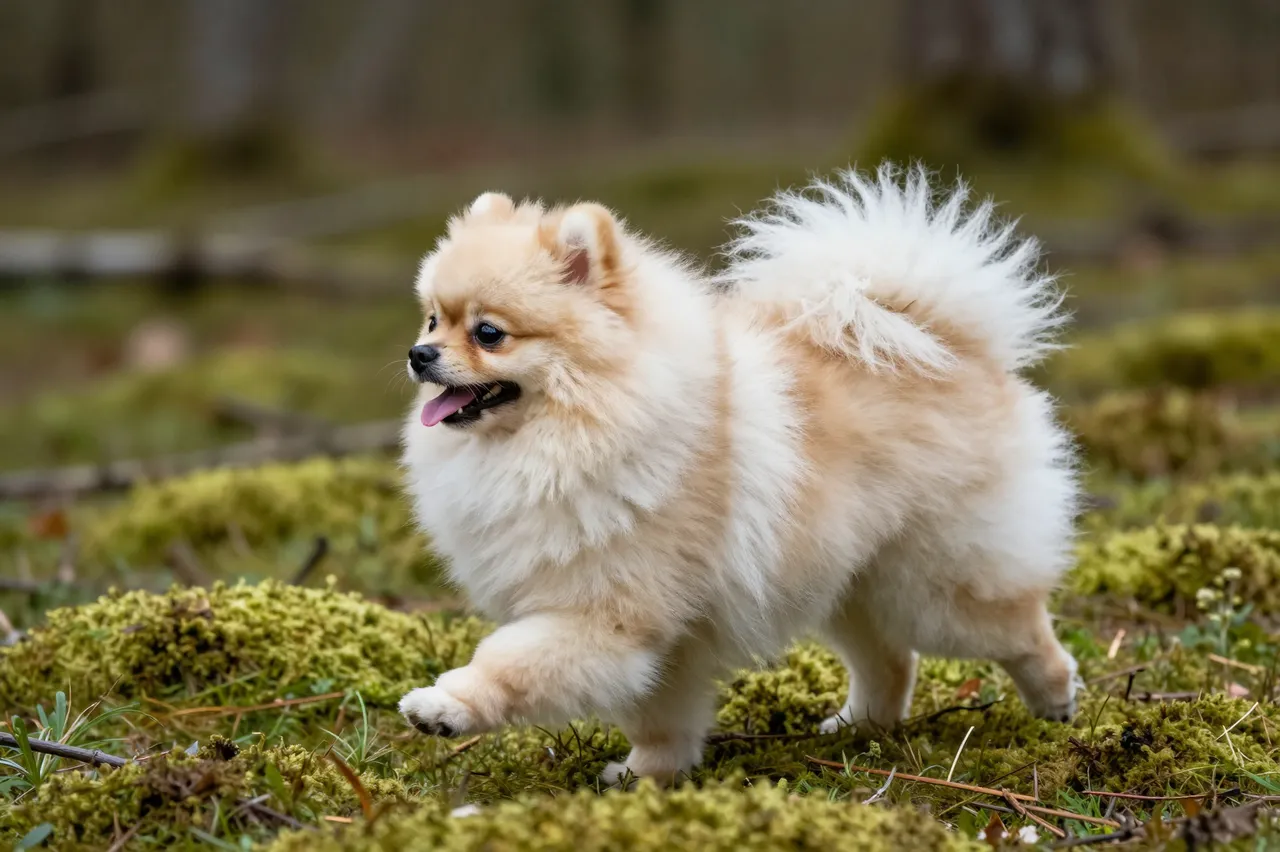 A fluffy cream Pomeranian trots side view across a mossy forest clearing with its tongue out.