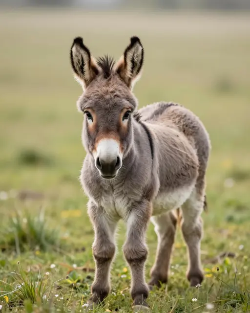 A fluffy young donkey foal with long ears stands calmly in sunlit spring pasture grass.