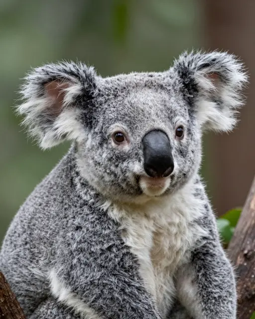 Close-up portrait of a koala with thick fluffy ears sitting on tree branches against blurred green foliage
