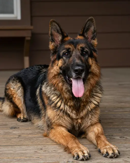 A long-haired black and tan German Shepherd lies relaxed on a wooden porch with its tongue out, looking at the camera.