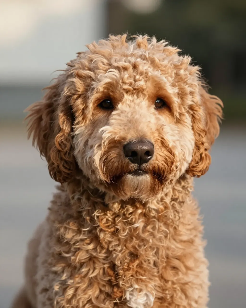 Close-up portrait of a fluffy curly coated goldendoodle looking directly at the camera in soft warm light