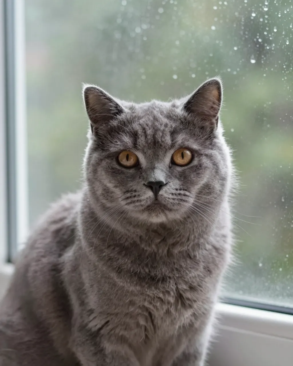 A fluffy gray British Shorthair cat sits facing the camera next to a rain-speckled window