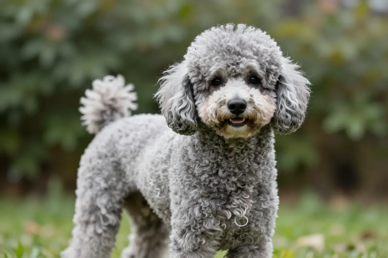 A fluffy gray poodle stands on grass facing the camera with a blurred green garden background.