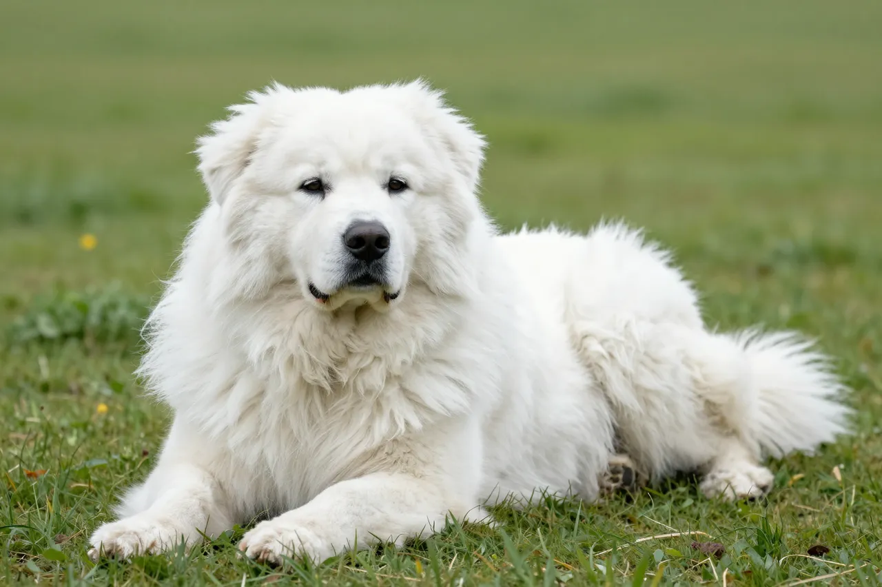 A fluffy white Great Pyrenees lies calmly on a green grassy hillside looking toward the camera