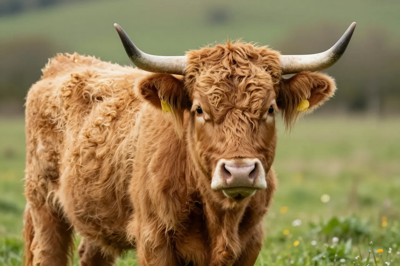 A ginger fluffy highland cow stands facing the camera in a green wildflower meadow