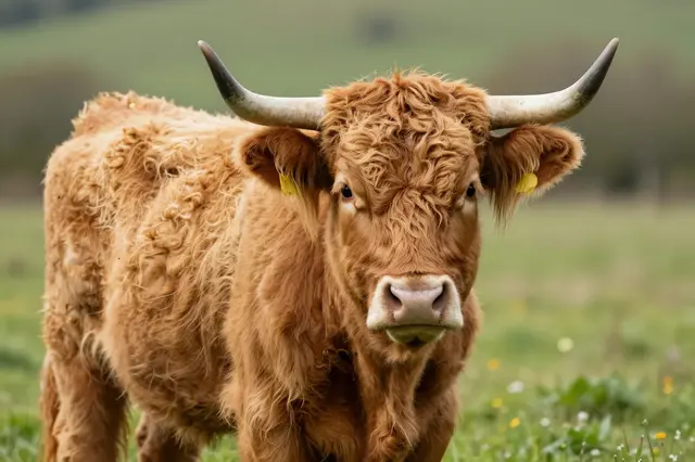 A ginger fluffy highland cow stands facing the camera in a green wildflower meadow