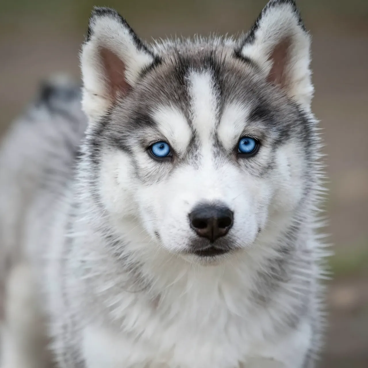 A close-up portrait of a fluffy Siberian husky puppy with bright blue eyes looking directly at the camera.