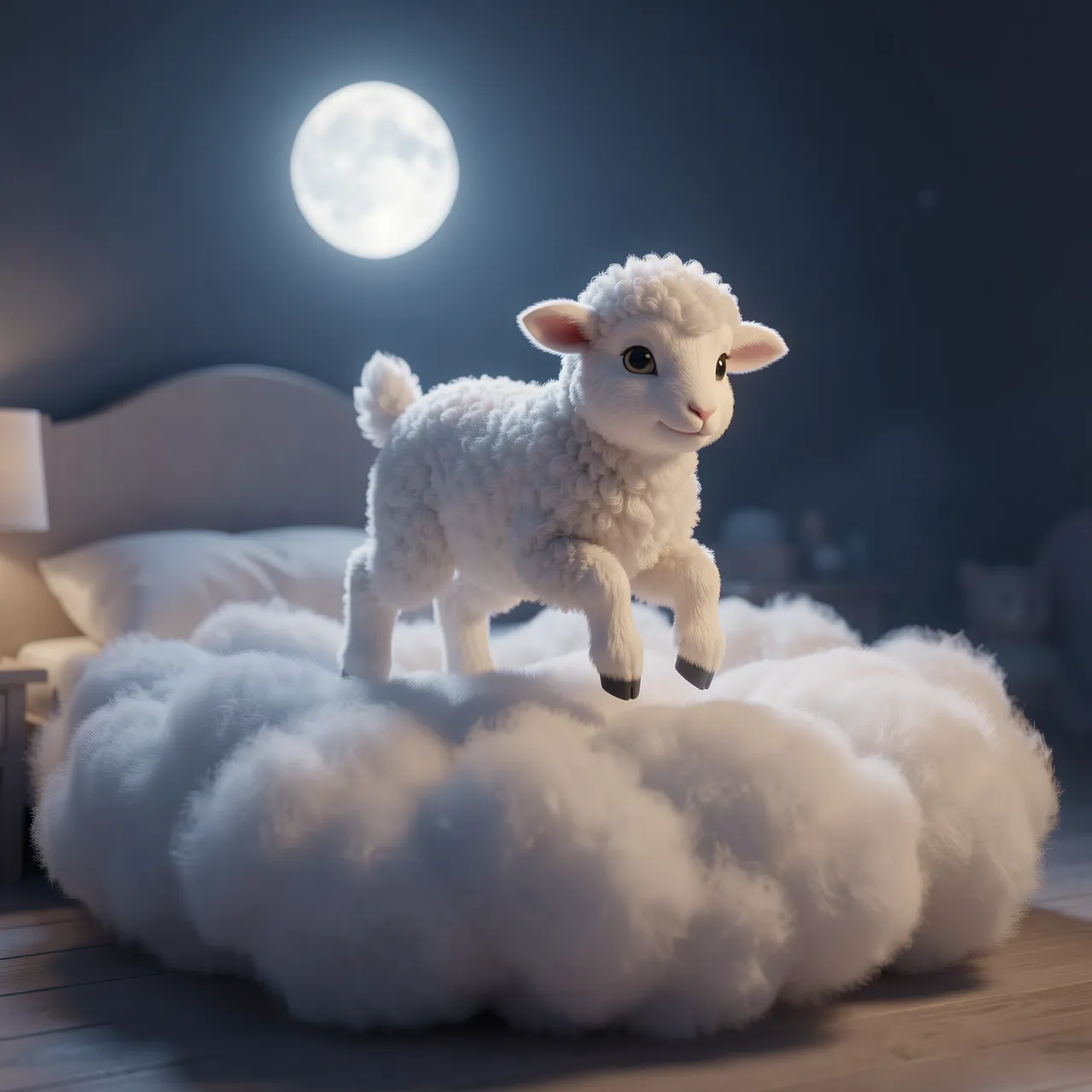 A soft fluffy lamb bounces on a cloud-shaped bed under glowing moonlight in a cozy bedroom.
