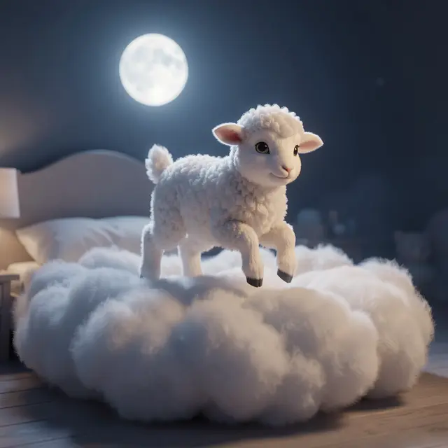 A soft fluffy lamb bounces on a cloud-shaped bed under glowing moonlight in a cozy bedroom.
