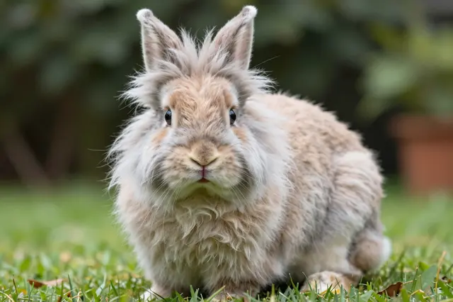 A fluffy lionhead rabbit sits calmly on green garden grass facing the camera directly.
