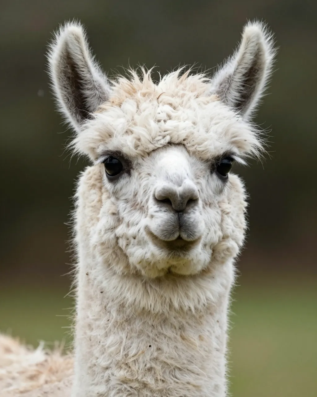 Close-up front portrait of a fluffy cream llama facing the camera directly against a blurred green background