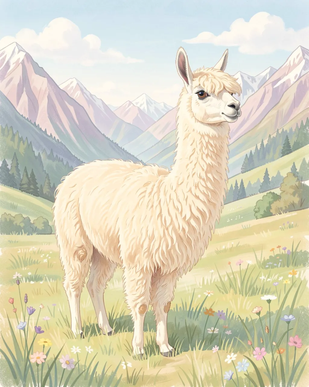 A fluffy cream llama stands in a wildflower dotted pasture with snow capped mountains in the background