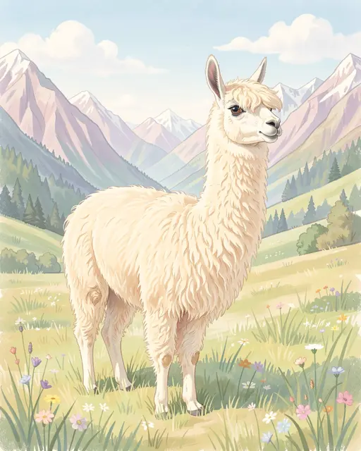 A fluffy cream llama stands in a wildflower dotted pasture with snow capped mountains in the background
