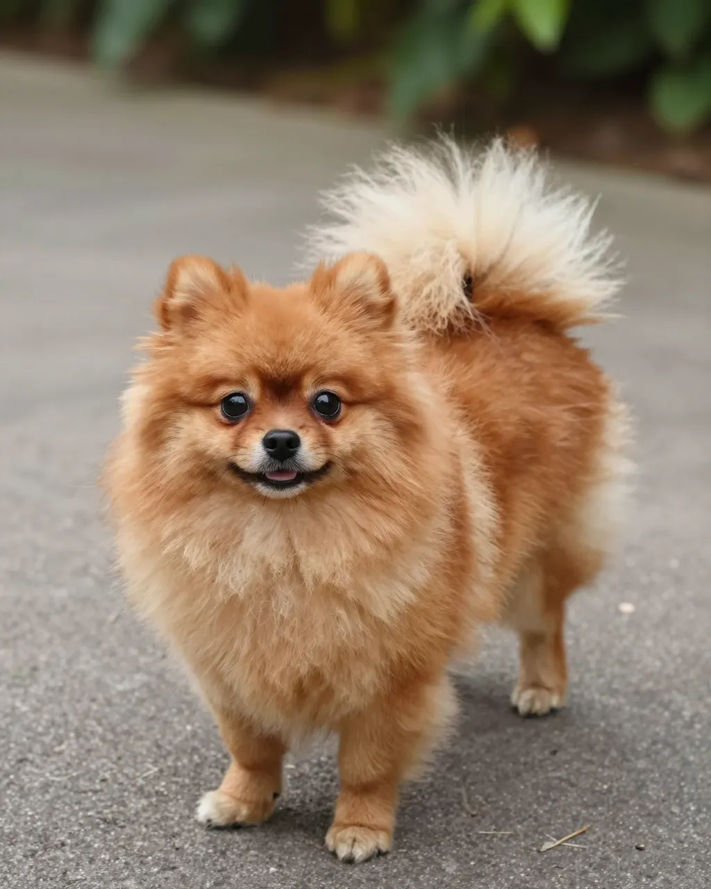A fluffy orange Pomeranian stands looking at the camera on a paved garden path